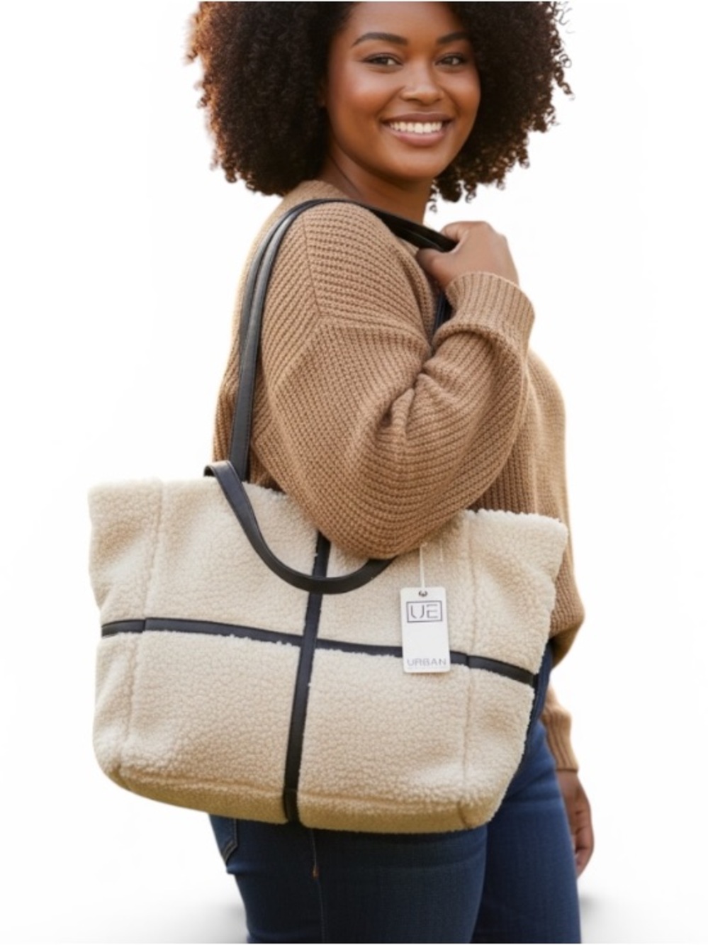 ••NWT Urban Expressions Cream/ Black Tote Sherpa Gold Hardware Zip Closure